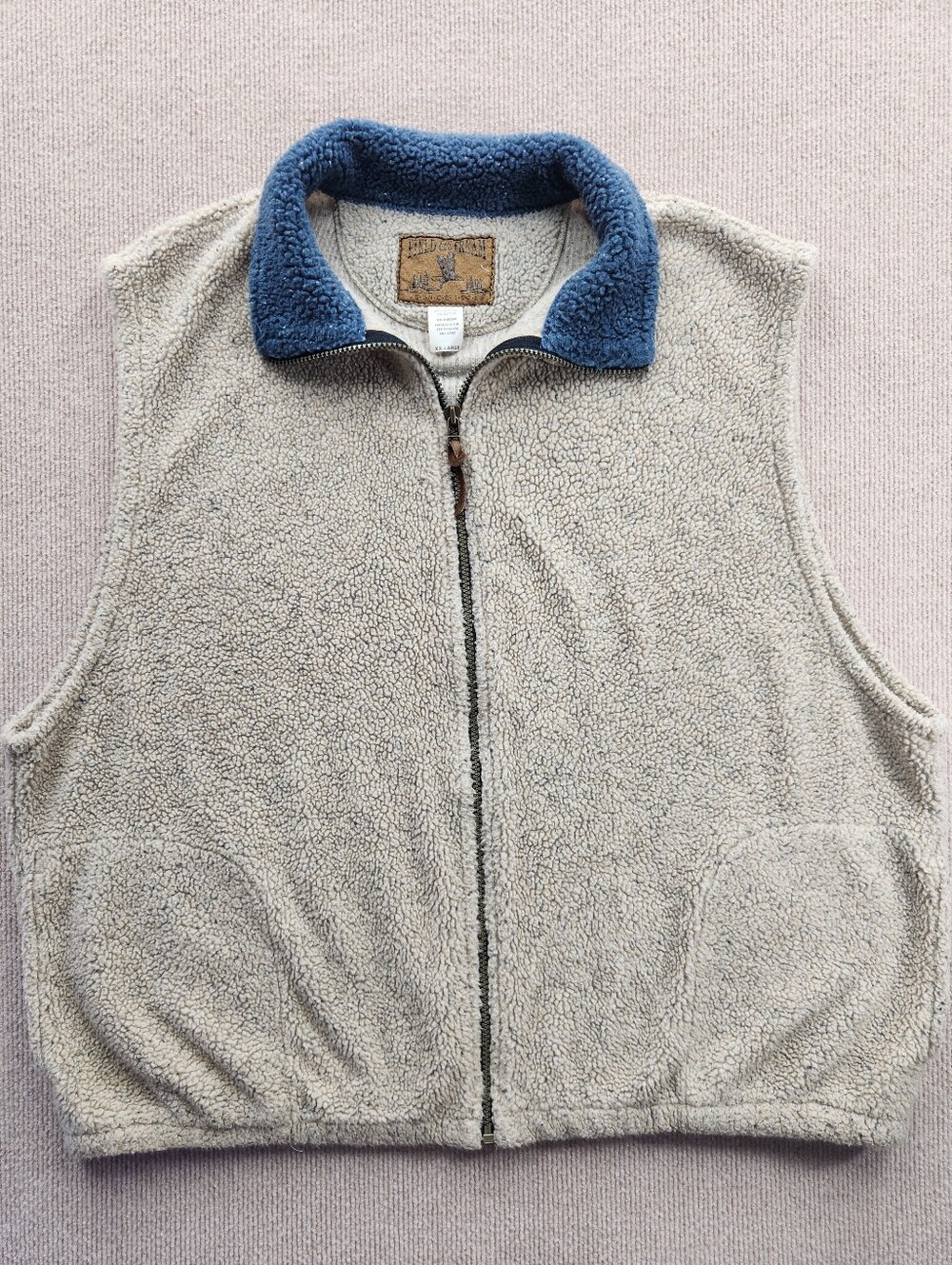 Field & Stream Fleece Vest Men’s XXL Beige Blue Full Zip Pockets Outdoor